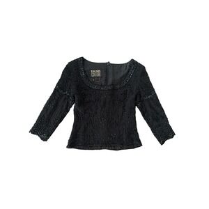 Escada Couture Black Silk Beaded Embroidered Top 4 Scoop Neck 3/4 Sleeve Evening
